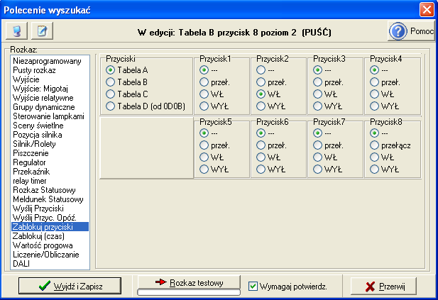 Rysunek 18. Tabela B -> przycisk 8 -> Cel 2 -> Długo -> Zablokuj przyciski Rysunek 9.