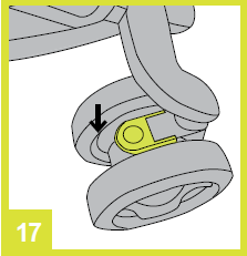 INSTRUKCJA Strona 7 z 8 Użycie blokady przednich obrotowych kół 1 Aby zablokować obrotowe koła, naciśnij na przyciski blokujące na obu przednich kołach.