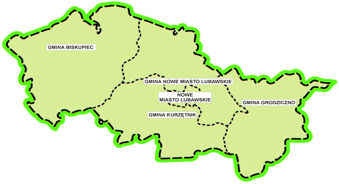 Powiat Nowomiejski obejmuje miasto Nowe Miasto Lubawskie oraz cztery gminy wiejskie: Biskupiec, Grodziczno, Kurzętnik i Nowe Miasto Lubawskie, w skład których wchodzi 77 sołectw (83 miejscowości).