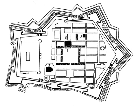 Próbny egzamin maturalny z historii sztuki 5 Zadanie 7. (2 pkt) a) Wyjaśnij pojęcie urbanistyka. b) Podaj nazwę miasta, którego plan przedstawiono poniżej i scharakteryzuj jego układ przestrzenny.