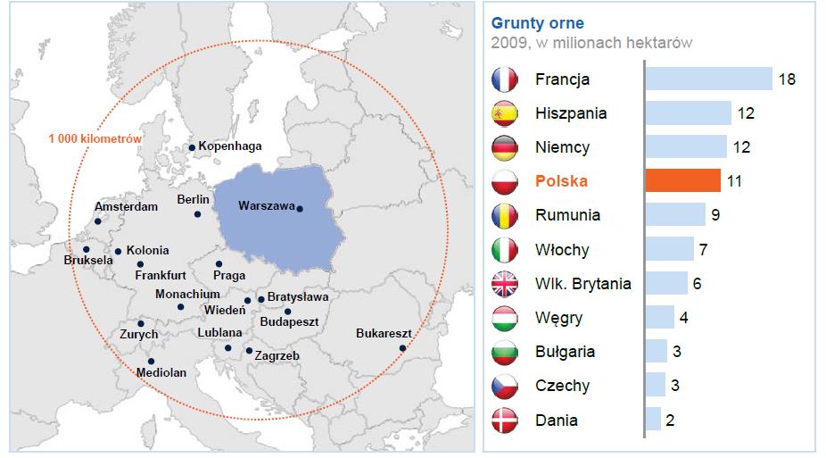 Polska centrum przemysłu spożywczego dla Europy Dogodne położenie Polski powoduje, że kraj może stać się znaczącym dostawcą żywności dla Europy. W promieniu 1 tys.
