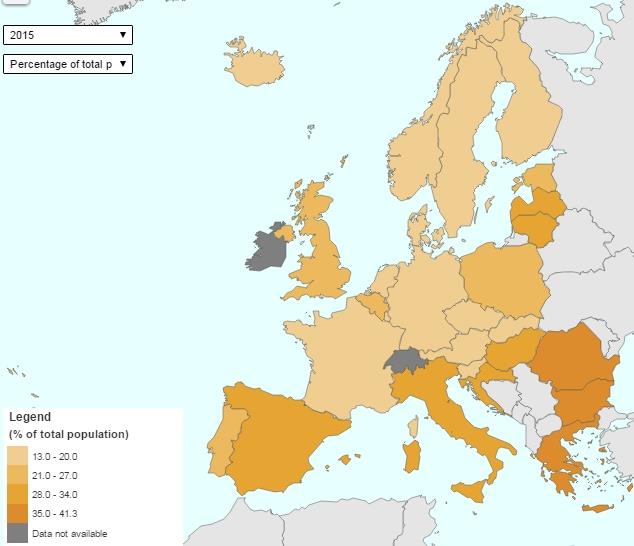 Zagrożenie ubóstwem i wykluczeniem społecznym badanie EU SILC (2015), % populacji Źródło: