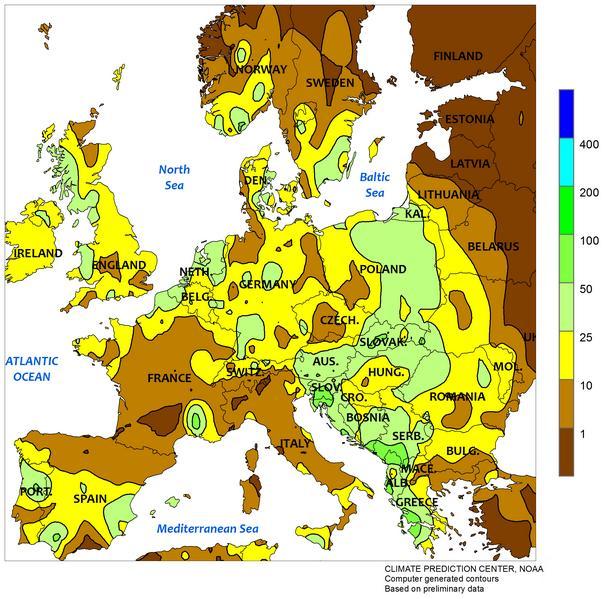 Strona 3 z 6 sezonu. Odchylenie wielkości opadów atmosferycznych od normy w zachodniej części Kanady w okresie 20 września - 19 października br.