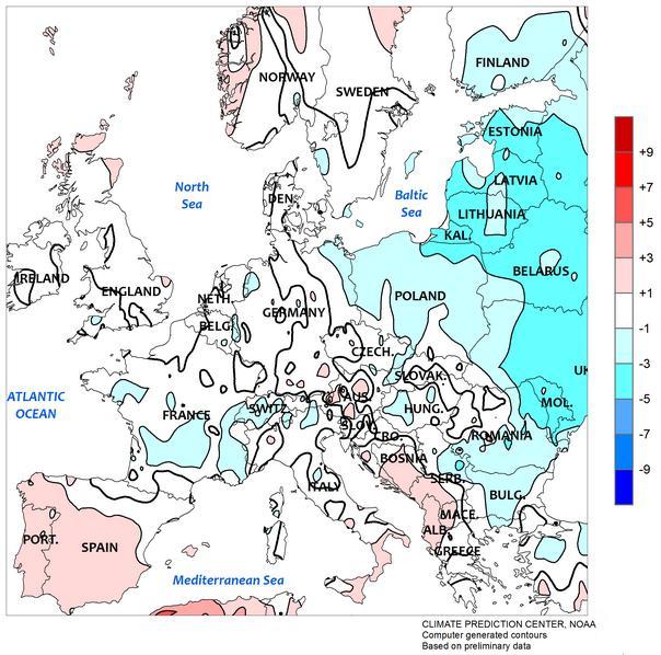 Strona 4 z 6 Odchylenie temperatury od normy w Polsce i innych krajach europejskich w minionym tygodniu (16-22 października 2016) przedstawia poniższa mapa