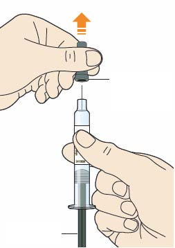 KROK B: Jak wykonać wstrzyknięcie Po zakończeniu wszystkich czynności opisanych w punkcie Krok A: Przygotowanie do wykonania wstrzyknięcia zdjąć nasadkę ochronną z igły.