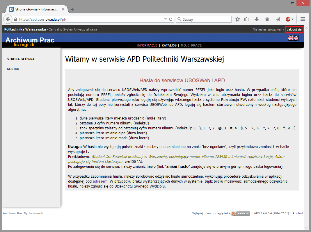 3. Akceptacja pracy w serwisie APD Promotor (opiekun pracy) loguje się do serwisu APD dostępnego pod adresem https://apd.