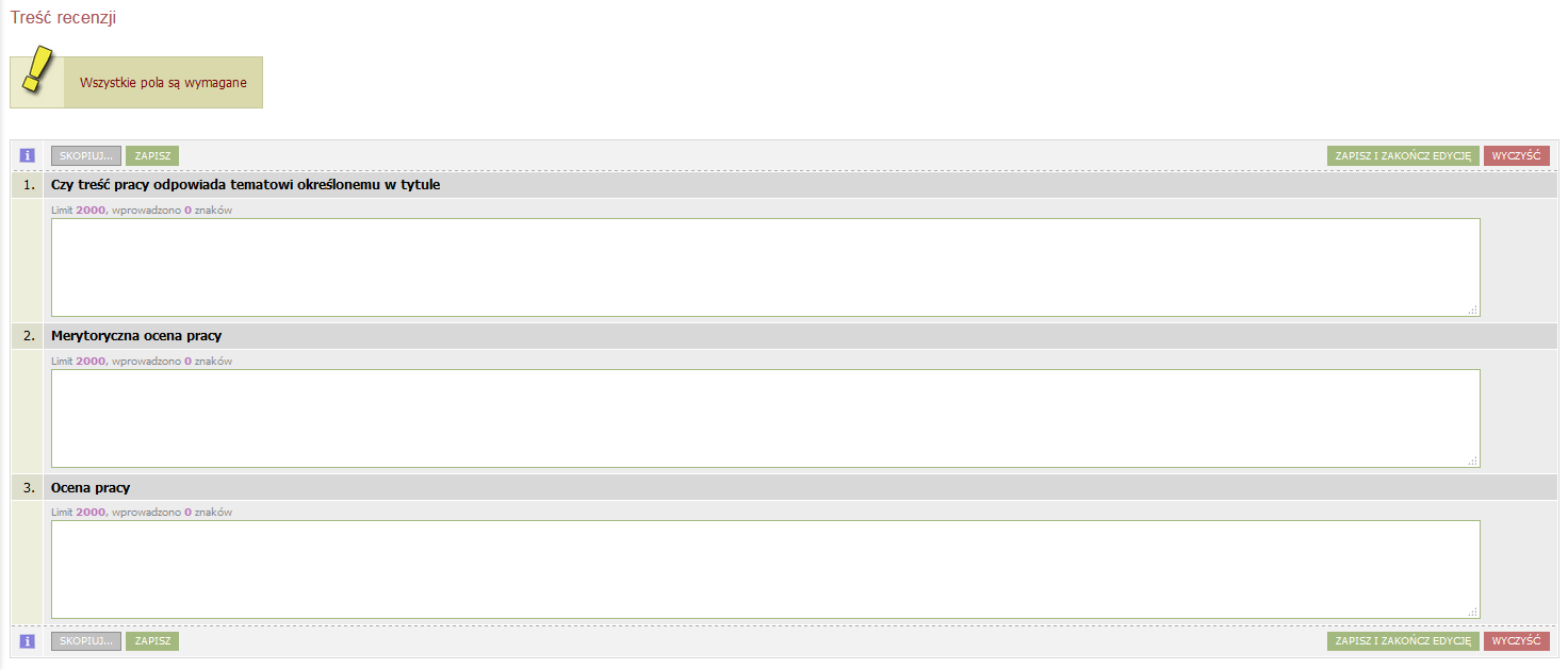 Wypełnienie formularza recenzji w APD Wybrane: Recenzja w formie tekstowej Przejście do edycji recenzji Pojawi się strona z otwartymi okienkami umożliwiającymi wpisywanie tekstu pod każdym z pytań.