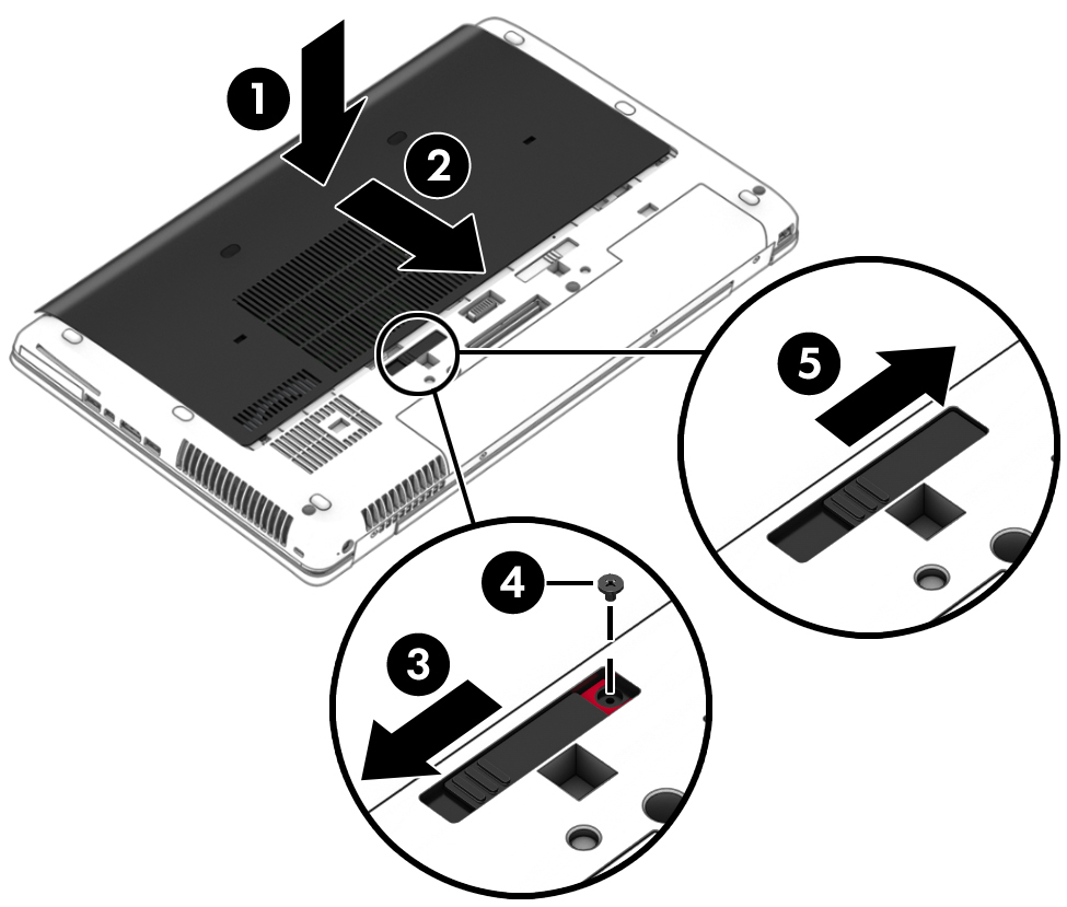 4. Gdy wnękę baterii masz skierowaną do siebie, przesuń zatrzask zwalniający pokrywę serwisową w lewo (3), a następnie (jeśli to konieczne) włóż i wkręć śrubę opcjonalną (4), aby przymocować pokrywę