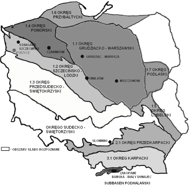 Rysunek 1. Okręgi geotermalne Polski [Zimny i in. 2008] Figure 1. Geothermal region of Poland [Zimny i in.