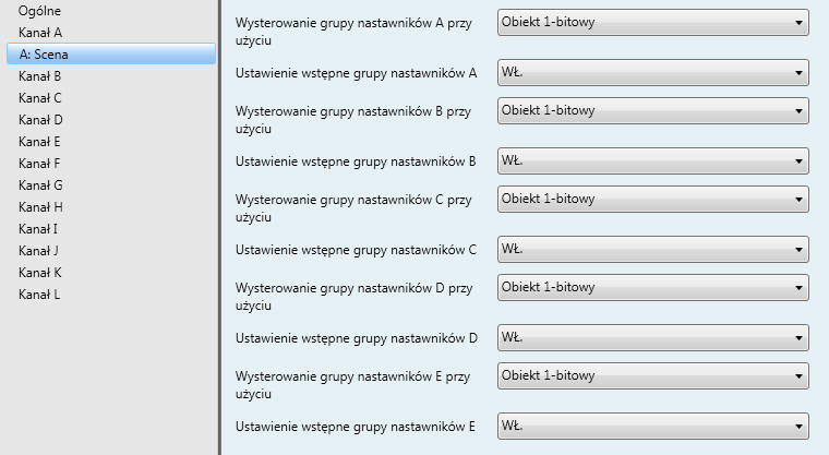 Uruchamianie tryb Sterowanie sceną Okno parametrów A: Scena Ta karta jest widoczna, jeżeli sterowanie sceną oświetlenia odbywa się przy użyciu funkcji 5 oddzielnych obiektów.