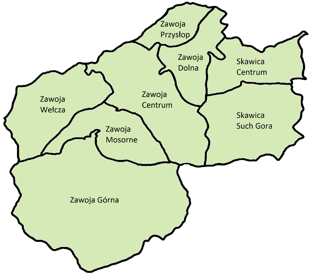 Lp. Sołectwo Liczba mieszkańców 6 Zawoja Dolna 1243 7 Zawoja Mosorne 886 8 Zawoja Wełcza 552 gmina Zawoja 9164 Mapa 1.