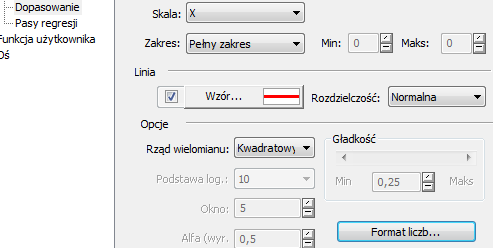 Model kwadratowy Aby zastosować model kwadratowy w zakładce więcej wybieramy dopasowanie w postaci wielomianu.