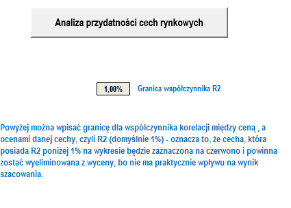 PROGRAM POSIADA UNIKALNY SYSTEM BADANIA PRZYDATNOŚCI CECH RYNKOWYCH Ustala się granicę dopuszczalności R2, tj korelacji między cenami,