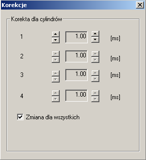 2.4 Inne funkcje dostępne w oknie głównym 2.4.1 2.4.2 2.4.3 2.4.4 2.4.5 2.4.6 2.4.7 2.4.8 2.4.9 2.4.1 Korekcje wtryskiwaczy gazowych Okno te wyświetla wartości obliczonej przez autokalibrację głównej poprawki dla wtryskiwaczy gazowych i umożliwia jej skorygowanie.