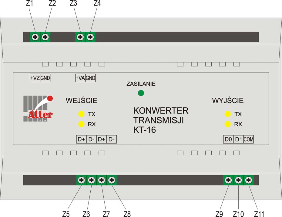 Rys.9. Widok zacisków przyłączeniowych konwertera KT-16 Tabela 5.