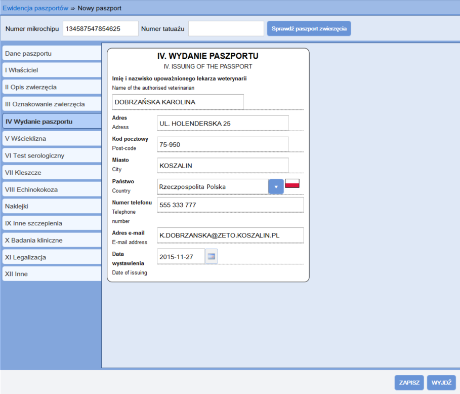 Rysunek 11 Nowy paszport IV Wydanie paszportu f. V Wścieklizna W kolejnej zakładce V Wścieklizna wpisujemy dane o wykonaniu szczepienia przeciwko wściekliźnie.