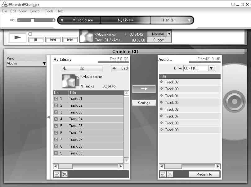 Zapis danych audio na płycie CD-R/CD-RW Utwory z katalogu My Library programu SonicStage można zapisać na płycie CD-R/ CD-RW.