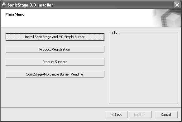 4 Kliknij [Install SonicStage and MD Simple Burner], a następnie postępuj zgodnie z wyświetlanymi instrukcjami. Kliknij [Install SonicStage and MD Simple Burner] Dokładnie przeczytaj instrukcje.
