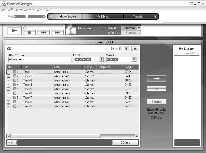 Korzystanie z SonicStage Importowanie danych audio W tej części opisano sposób nagrywania i zapisywania danych z płyty audio CD do katalogu My Library programu SonicStage na twardym dysku komputera.