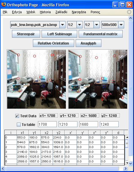 Rys. 3. Stereogram i wsółrzędne unktów homologicznych.