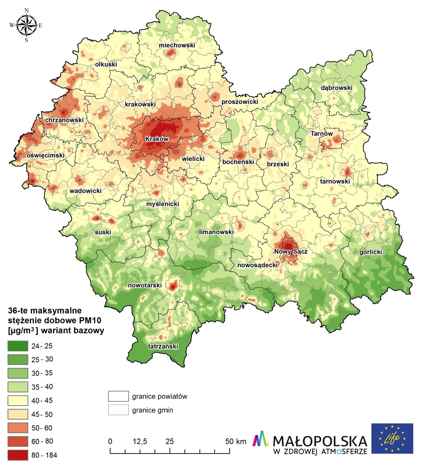 Program ochrony powietrza dla województwa małopolskiego Rysunek 2-7 Rozkład 36-tych maksymalnych stężeń