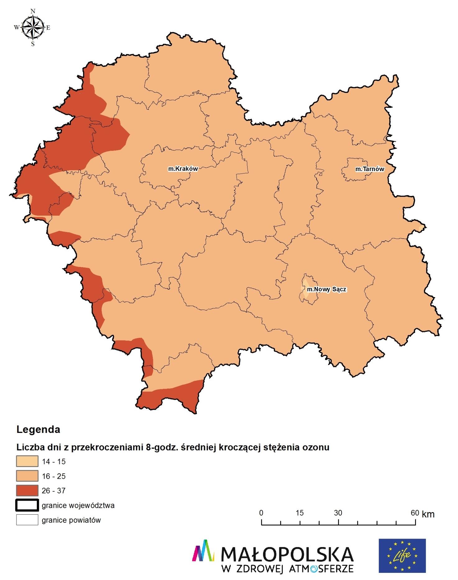 Diagnoza Rysunek 2-10 Rozkład występowania przekroczeń dopuszczalnej liczby dni ze stężeniem powyżej normy dla