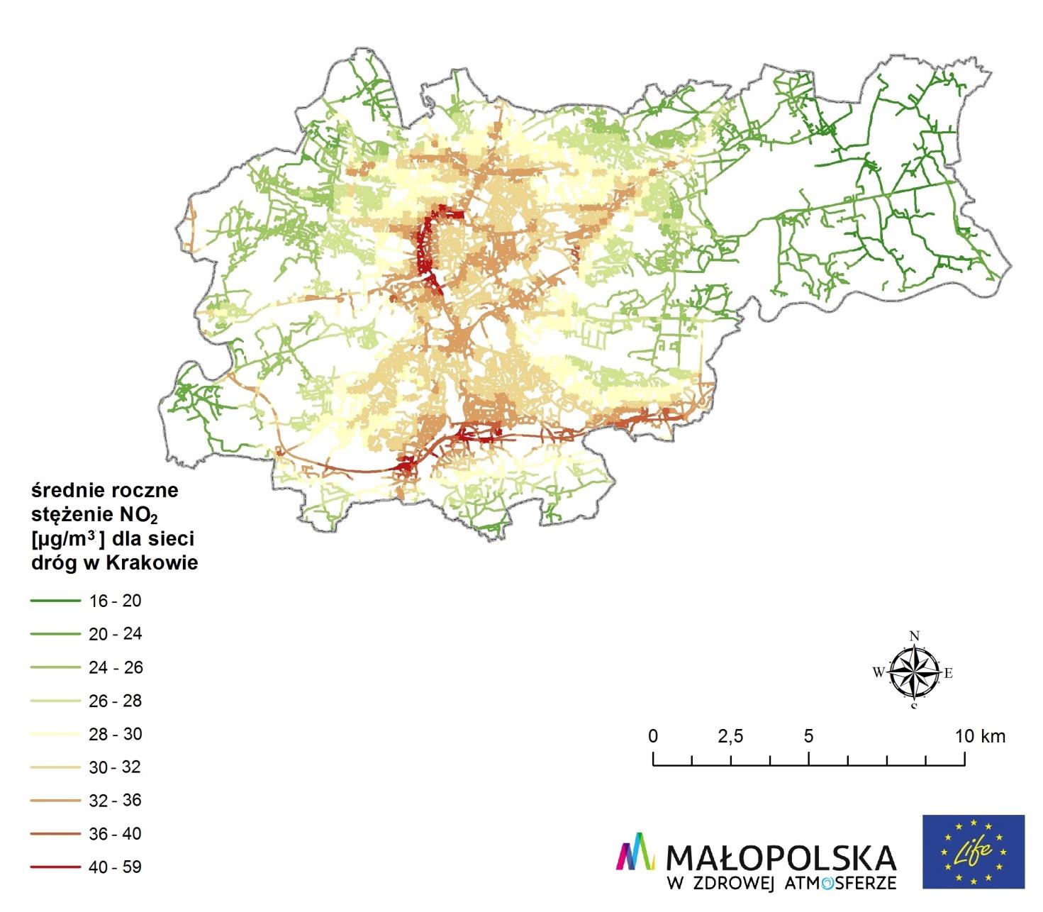 Program ochrony powietrza dla województwa małopolskiego Rysunek 2-11 Rozkład stężeń średniorocznych dwutlenku azotu w Aglomeracji Krakowskiej w 2015 r. [miip.geomalopolska.