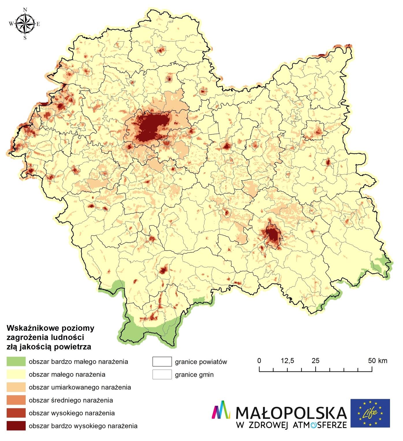 Diagnoza Rysunek 2-12. Mapa wskaźnikowych poziomów zagrożenia ekologicznego w zakresie złej jakości powietrza na terenie województwa małopolskiego [miip.geomalopolska.pl/powietrze/2015].