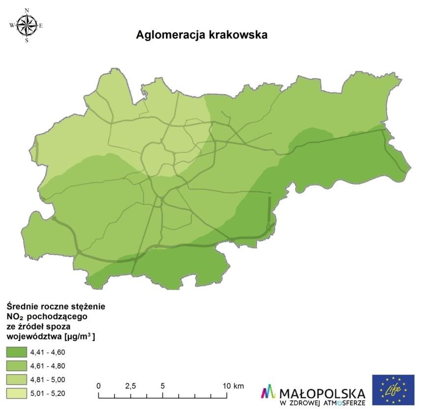 Diagnoza Rysunek 2-19. Rozkład stężeń średniorocznych benzo(a)pirenu ze źródeł zlokalizowanych poza województwem małopolskim w 2015 r.