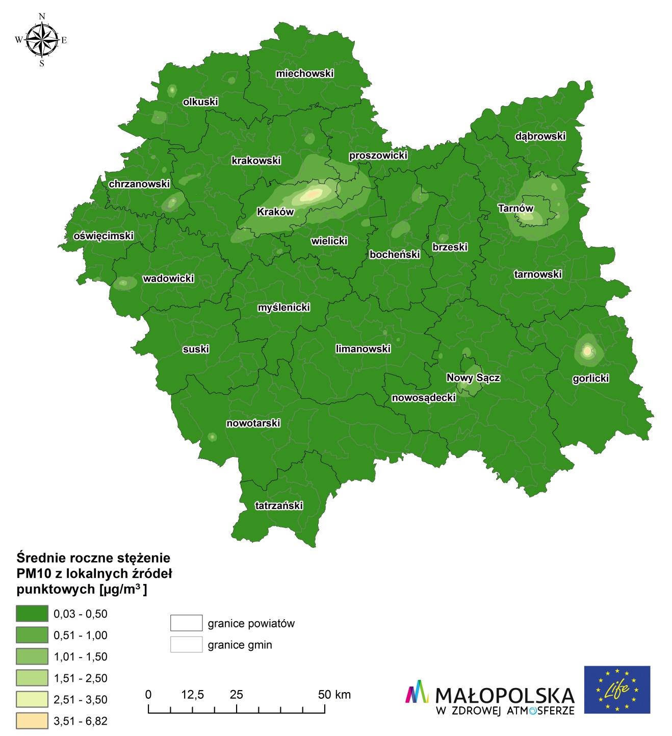 Program ochrony powietrza dla województwa małopolskiego Rysunek 2-26. Rozkład stężeń średniorocznych pyłu PM10 ze źródeł emisji punktowej na obszarze województwa małopolskiego w 2015 r.