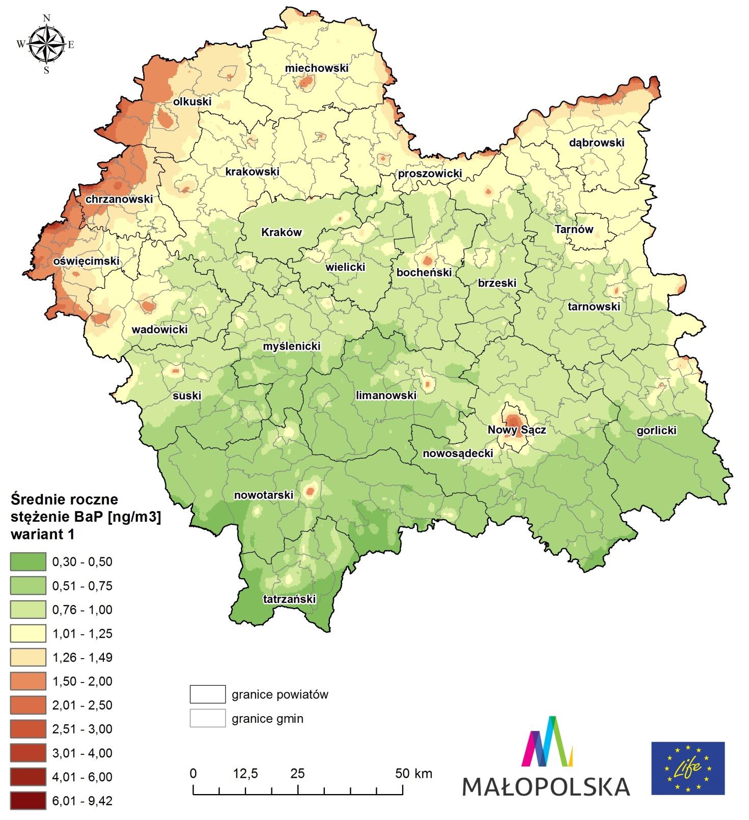 Program ochrony powietrza dla województwa małopolskiego Rysunek 4-30 Rozkład oczekiwanych stężeń średniorocznych benzo(a)pirenu w województwie małopolskim w 20