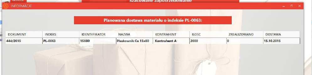 Drugim sposobem jest wybranie interesującej nas dostawy i wyświetlenie dodatkowych informacji na jej temat, aby to zrobić wybieramy materiał, a następnie w części okna Zapotrzebowanie wybieramy