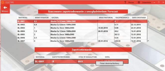 W przypadku gdy nie będzie planowanych dostaw materiału, a będziemy próbować wyświetlić dodatkowe informacje zobaczymy następujący komunikat: Rys.