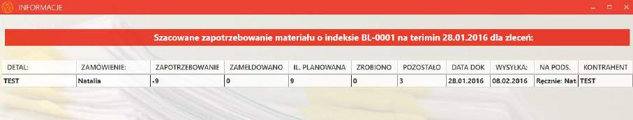 Po kliknięciu przycisku Zlecenia/Dostawy lub po kliknięciu opcji z menu kontekstowego, wyświetlone zostanie okno ze szczegółowymi informacjami na temat szacowanego zapotrzebowania materiałowego.