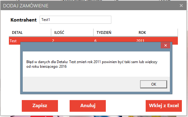 - Aplikacja sprawdza czy wpisany numer tygodnia jest większy od bieżącego Rys. Komunikat o błędzie podczas wprowadzania danych.