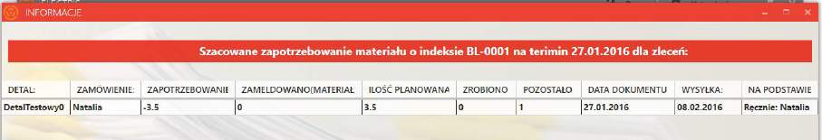 Po dodaniu materiału do tymczasowej technologii, wprowadzone dane widoczne są po wybraniu detalu z części okna Brakujące technologie.