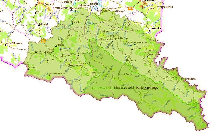 - SOOS Natura 2000 Bieszczady PLC 180001 Lokalizacja miejscowości Smerek - Otuliny Bieszczadzkiego Parku Narodowego Źródło: www.geoportal.gov.
