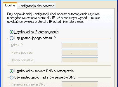 Funkcja automatycznego pobierania adresów IP 3. Windows XP: W punkcie To połączenie wykorzystuje następujące składniki zaznaczyć Protokół internetowy (TCP/IP).