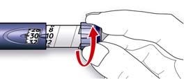 D. Delikatnie uderzać palcem w pojemnik z insuliną tak, aby wszystkie pęcherzyki powietrza przesunęły się w kierunku igły. E. Wcisnąć całkowicie przycisk podania dawki.
