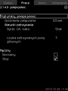 Polski (PL) 8.5.8 Tryb pracy, pompa pomoc. (2.1.4.8) Rys. 31 Tryb pracy, pompa pomoc. Ten obraz będzie pokazany tylko w zestawach z pompą pomocniczą (backup) np. do celów ppoż.