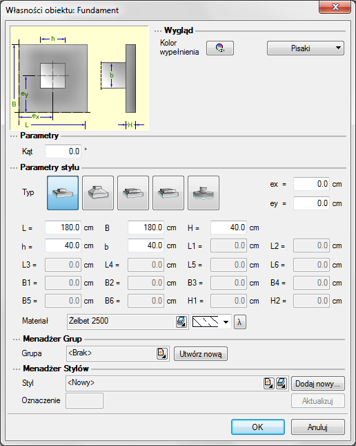 Fundamenty STOPA FUNDAMENTOWA Wprowadzanie stóp fundamentowych Wstawianie obiektu możliwie jest jedynie w trybie rzutu fundamentów.