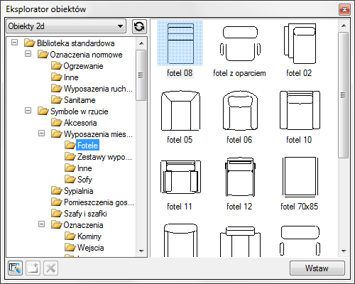 Obiekty EKSPLORATOR OBIEKTÓW 2D I 3D Dla wzbogacenia projektu w płaskie symbole na rzucie kondygnacji lub trójwymiarowe elementy aranżacji wnętrz projektu program posiada bibliotekę obiektów.