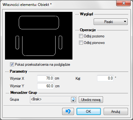 Obiekty Przy wywołaniu okna mamy możliwość definicji następujących parametrów: Wymiar X szerokość obiektu w układzie współrzędnych obiektu. Wymiar Y wysokość obiektu w układzie współrzędnych obiektu.