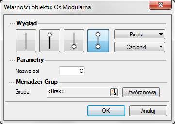 Narzędzia projektu Modyfikacja osi modularnej Po wybraniu z okna Wybór obiektu Oś modularna pojawia się poniższe okno: Dla pojedynczej osi może zostać zmodyfikowany jej wygląd, sposób narysowania