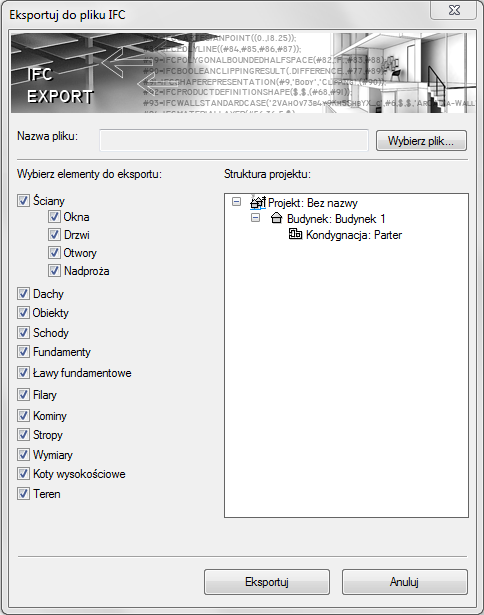 Współpraca z innymi programami Eksport Eksport danych IFC odbywa się po wybraniu polecenia Eksportuj dane do formatu IFC.