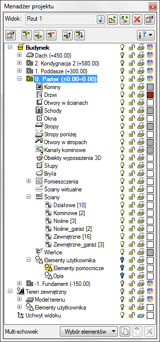 Podstawy działania programu MENADŻER PROJEKTU Menadżer projektu pozwala na zarządzanie wszystkimi elementami programu ArCADia-ARCHITEKTURA: budynkami, kondygnacjami, ścianami, stolarką, itd.