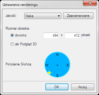 Podstawy działania programu Domyślnym ustawieniem programu jest uproszczony rendering, w którym definiuje się tylko format obrazu, jego jakości i położenia słońca.