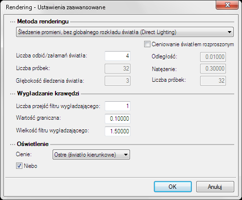 Podstawy działania programu Metoda renderingu: Śledzenie promieni, bez globalnego rozkładu światła (Direct Ligting) światło kierunkowe