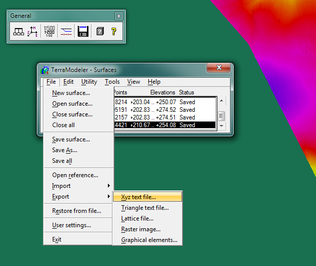 6. Wygenerowanie powierzchni dokonujemy z wykorzystaniem TerraModeler Surfaces. 7. Zapisywanie powierzchni File- Save surface 8.
