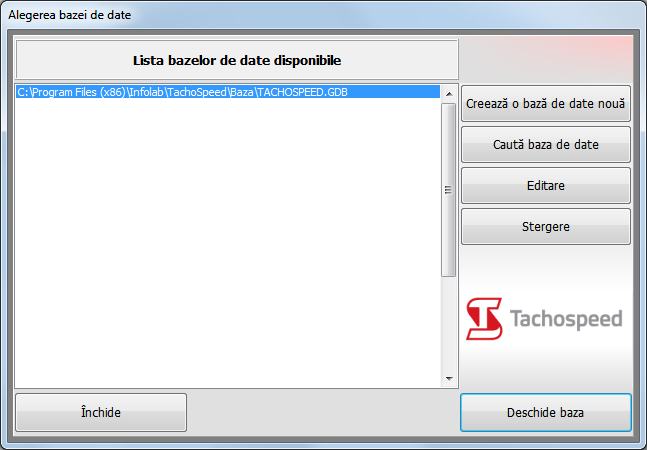 Apăsând butonul Deschide baza se deschide baza selectată de pe lista bazelor disponibile. Pentru a crea o nouă bază, apăsaţi butonul Bază nouă de date. Baza nou creată este goală.